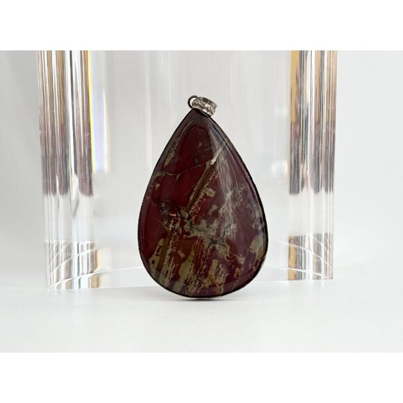 Kaleidescope Burgundy Jasper Teardrop Shaped Sterling Silver Vintage Pendant - Picture 8 of 11